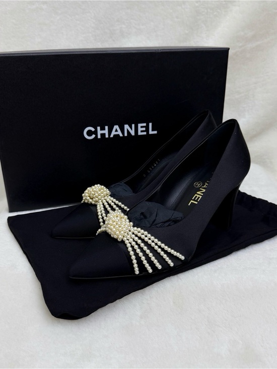 CHANEL Shoes - CHANEL Black Satin Pointed Pumps with Pearl Tassel Accent